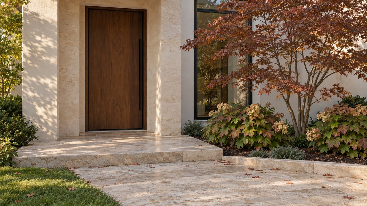Pale stucco home entrance with a walnut door, limestone paving, and russet Japanese maple.