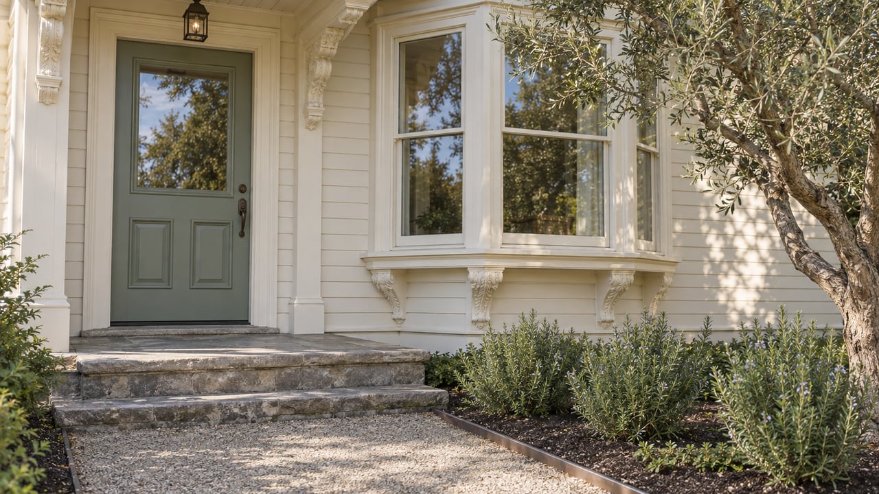 Historic wood house with a sage-green entry door, projecting bay window, stone steps, and an olive tree.