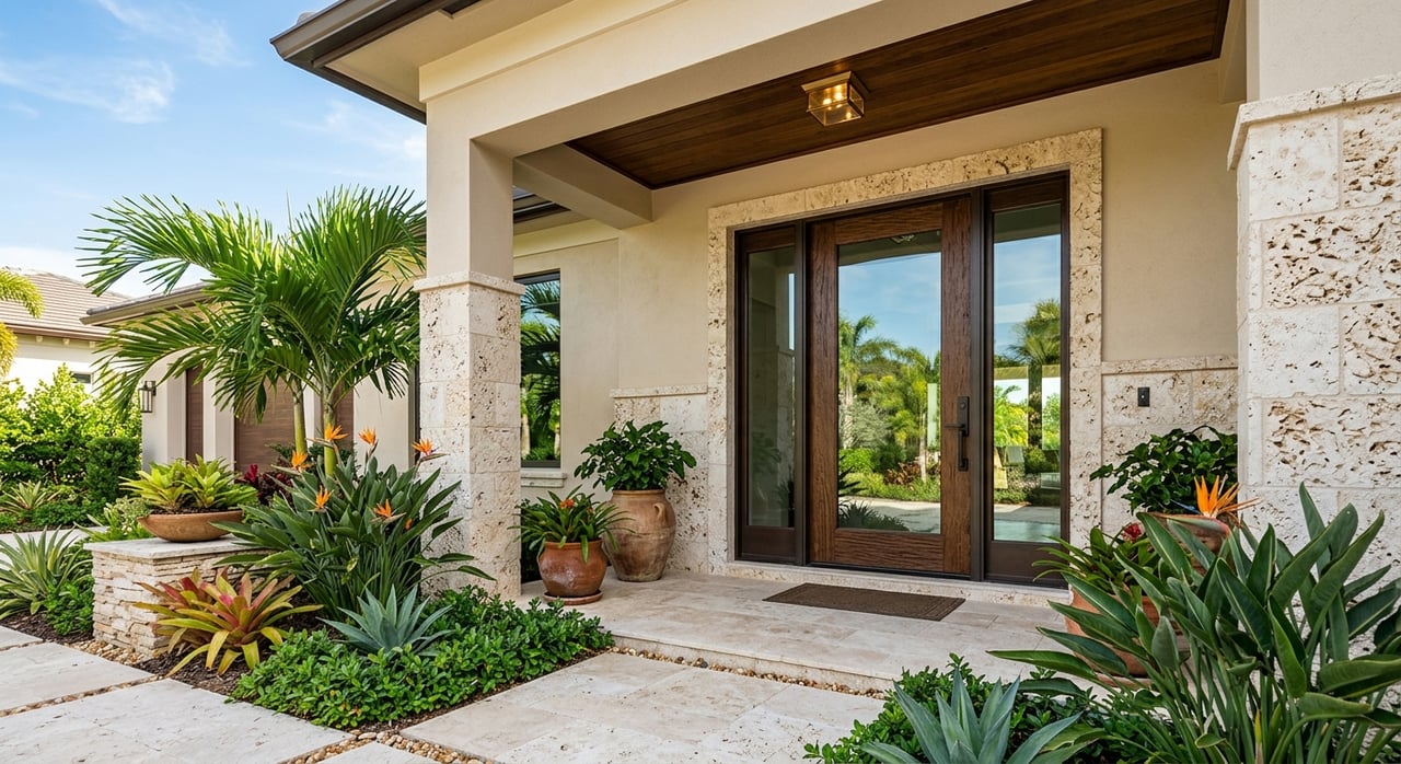 Arched stucco entry with an oak door, limestone surround, travertine walkway, and palm-shadowed landscaping.