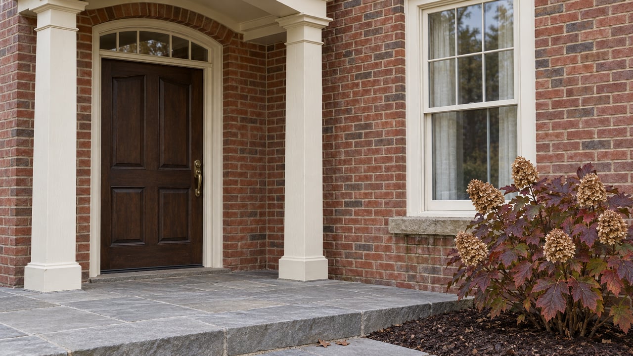 Brick home entrance with an oak door, ivory canopy, worn limestone landing and burgundy oakleaf hydrangea.
