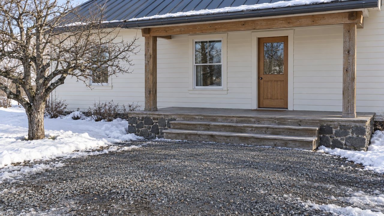 Snow-edged gravel approach to a country home's timber porch, with cream siding, a dark metal roof and a leafless apple tree.