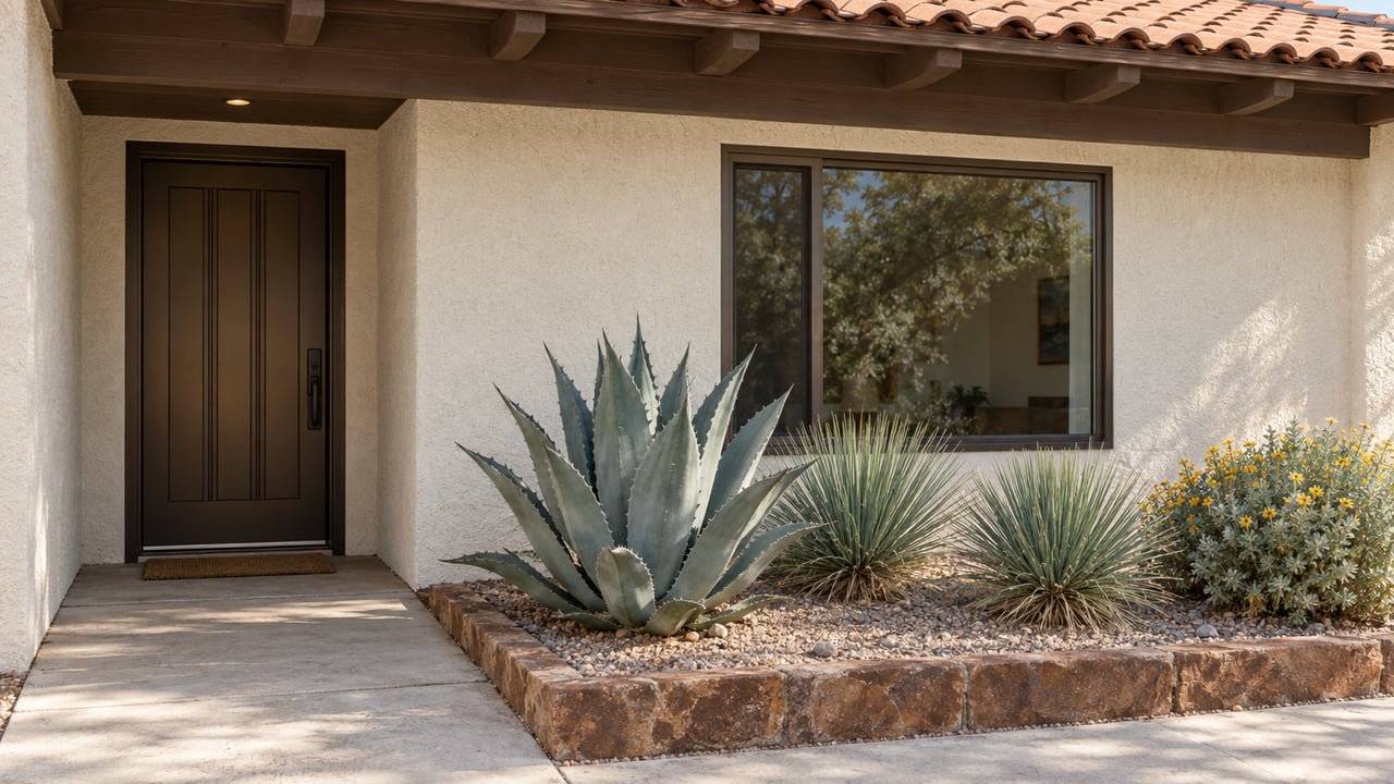 Single-story stucco home with a bronze door, broad window, and gravel bed planted with agave and desert shrubs.