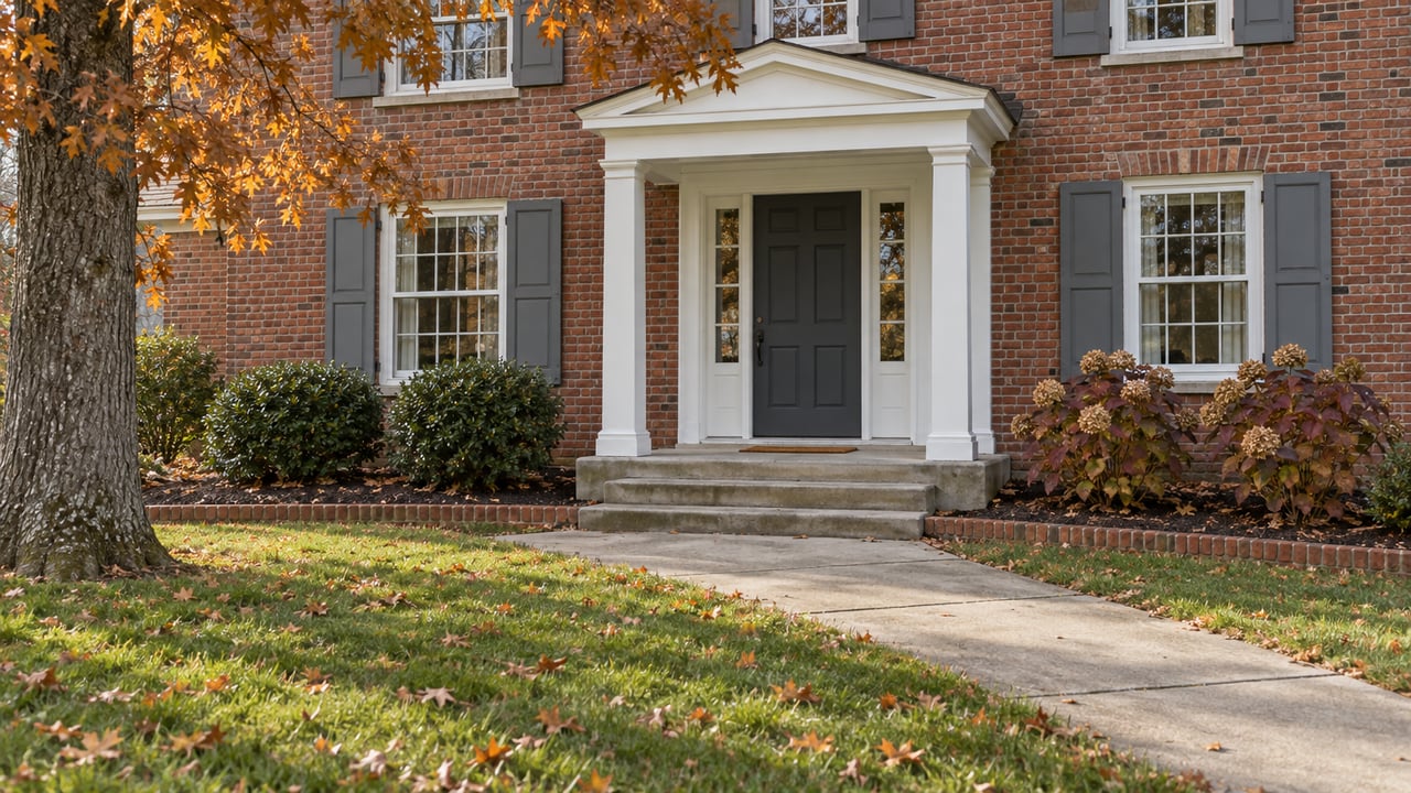 Red brick house with a white columned entrance, gray shutters and an autumn oak beside a broad lawn and concrete walk.