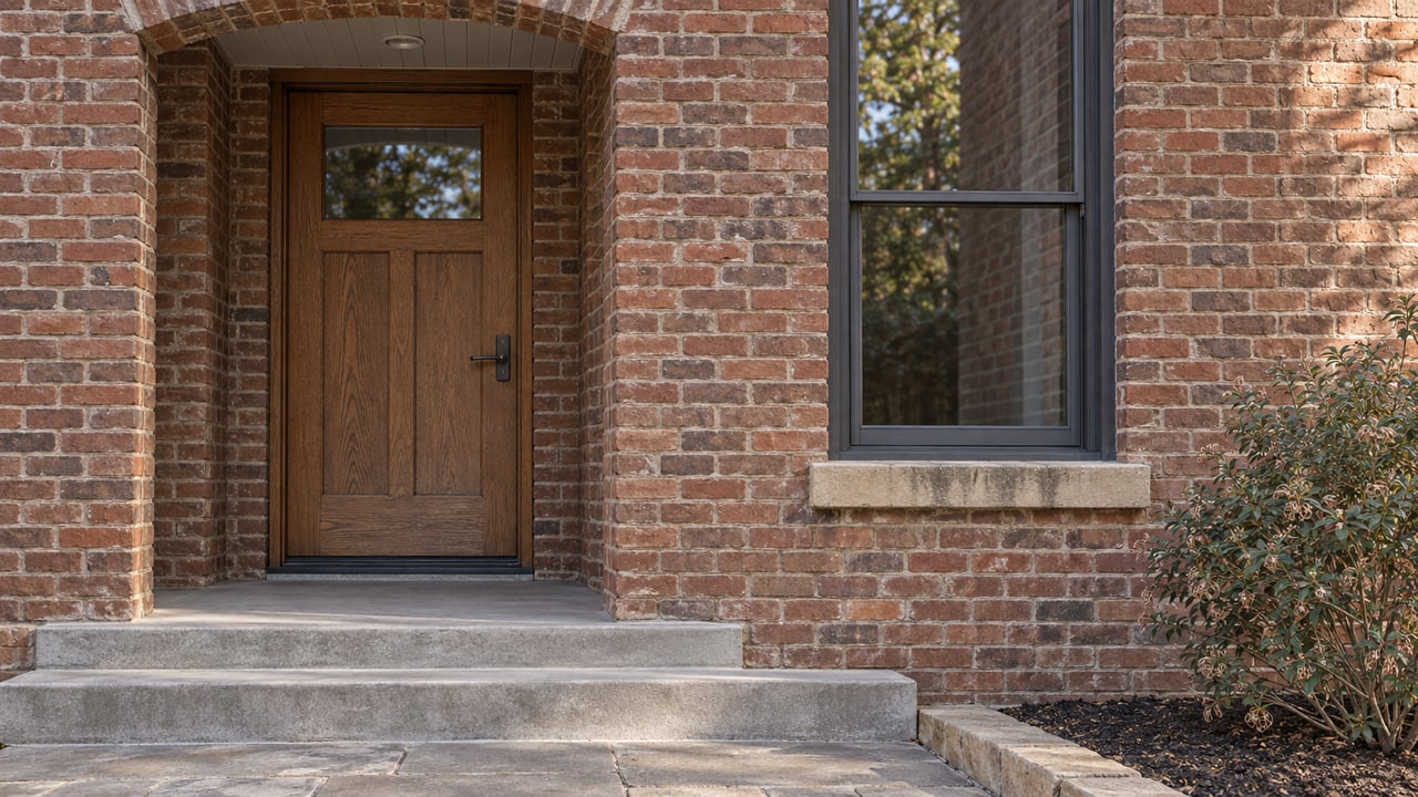 Brick home entrance with an arched doorway, dark wood door, tall window, and broad stone steps.