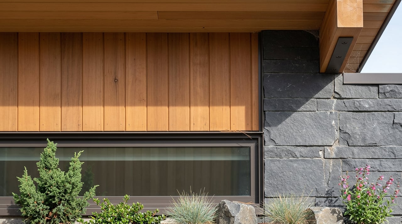 Window junction with cedar siding, charcoal basalt stone, dark-bronze frame, and cedar soffit.