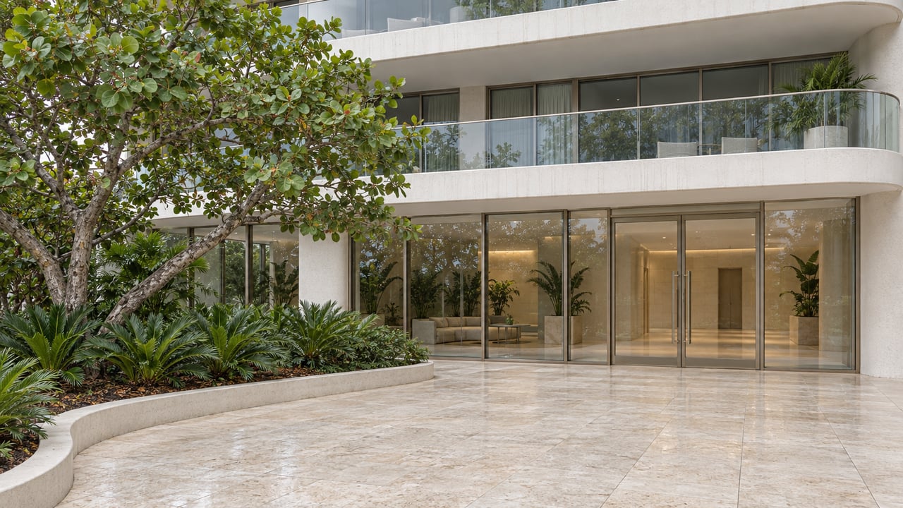 Rounded white balconies above a glass residential entrance, with pale stone paving and a sea grape tree in a raised planting bed.