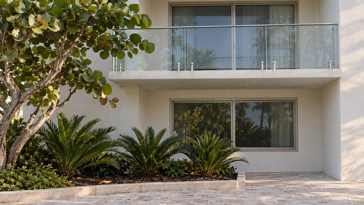 Coastal condominium facade with a glass-railed balcony, sliding doors, and tropical plants beside a shellstone path.