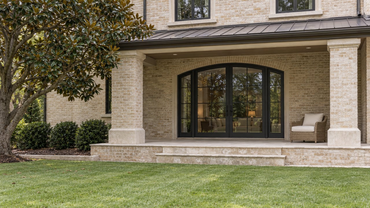 Pale brick home with black arched glass doors, a raised limestone terrace, and a mature magnolia beside the lawn.