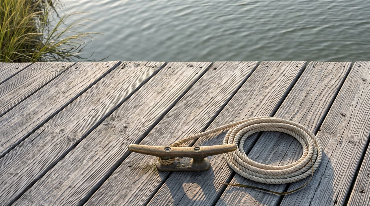 Weathered cedar dock beside rippled water, with a bronze cleat, coiled ivory rope, and strand of eelgrass.