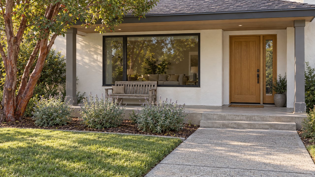 Sunlit stucco home with a covered porch, oak front door, broad picture window and a planted front garden.