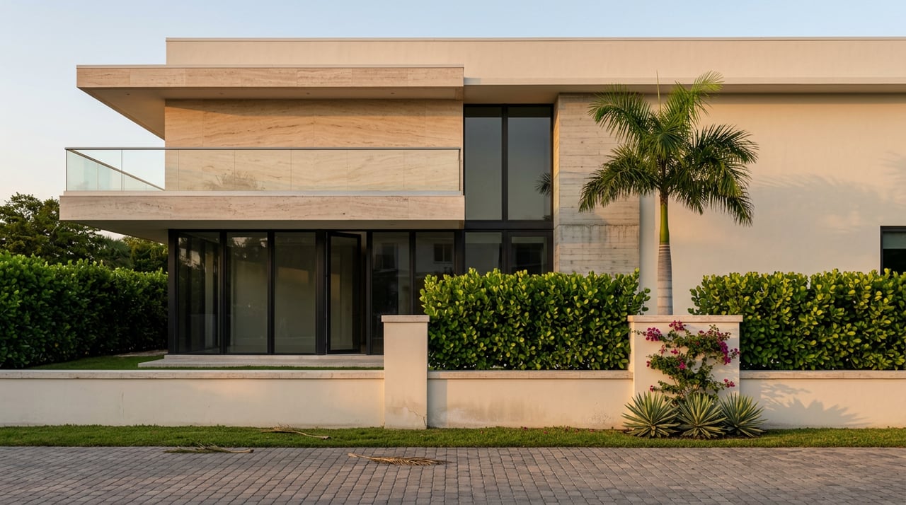 Modern two-story residence with travertine balcony, glass facade, royal palm, clipped hedge, and agaves.