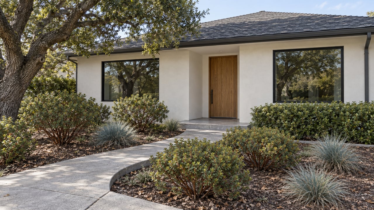 Modern white home with a wood front door, curved walkway, and landscaped shrubs beneath a mature tree.