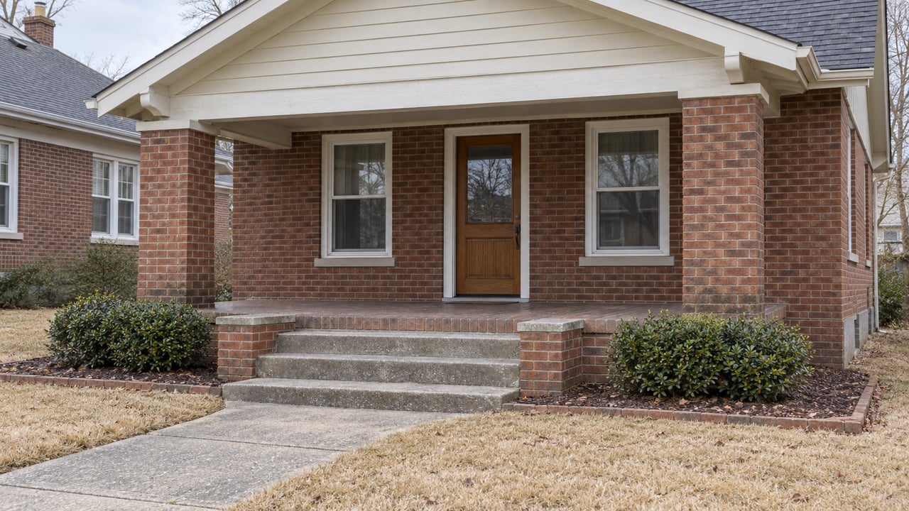 Brick bungalow porch with paired masonry piers, cream siding and an oak entry door above a weathered concrete walk.