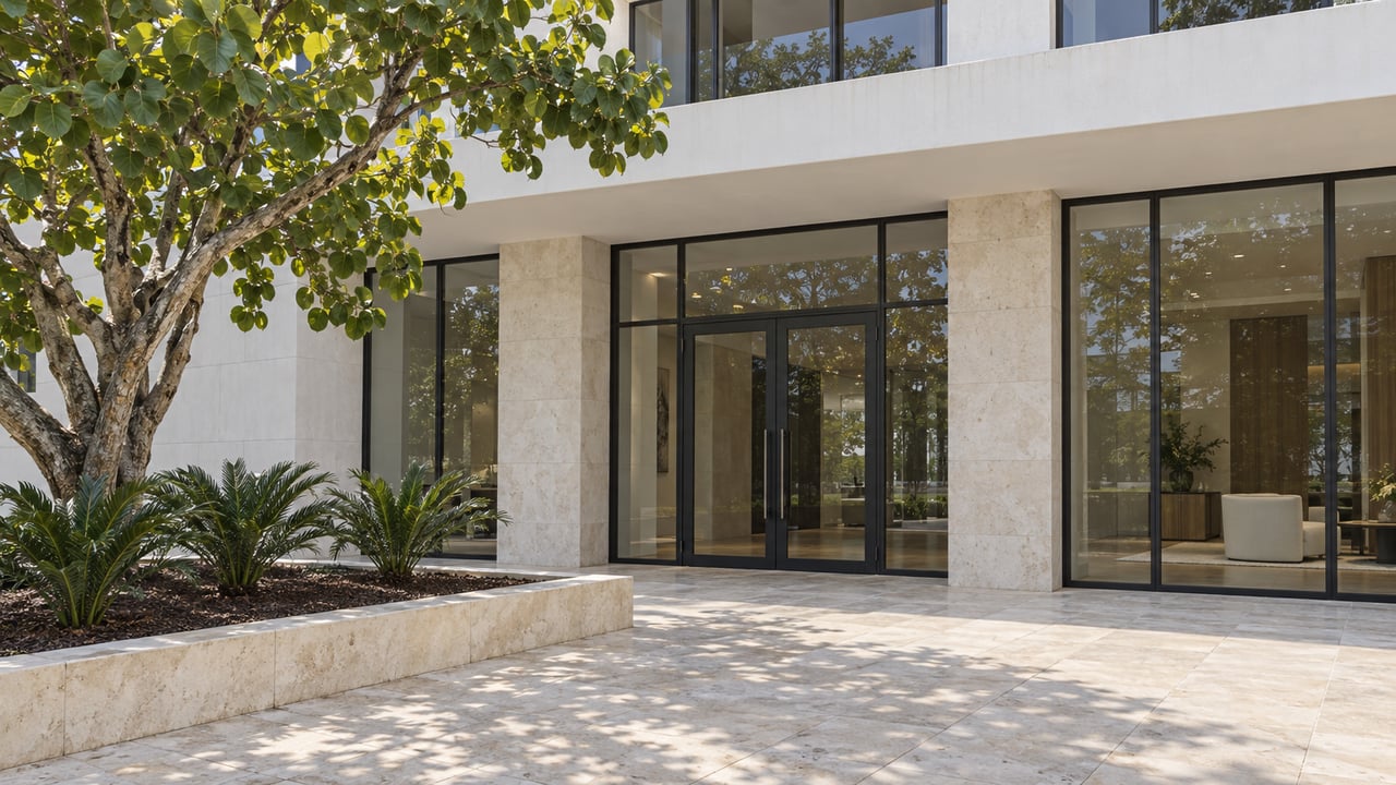 White-stucco condominium entrance with black-framed glass doors, pale limestone paving and a sculptural sea grape tree in a raised planting bed.