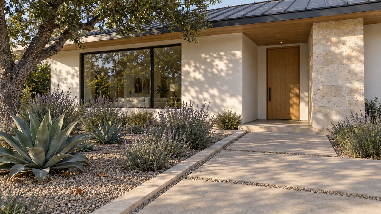 A low-roofed white stucco residence with a recessed oak door, limestone pier, broad window and a generous paved approach beside sculptural drought-tolerant planting.