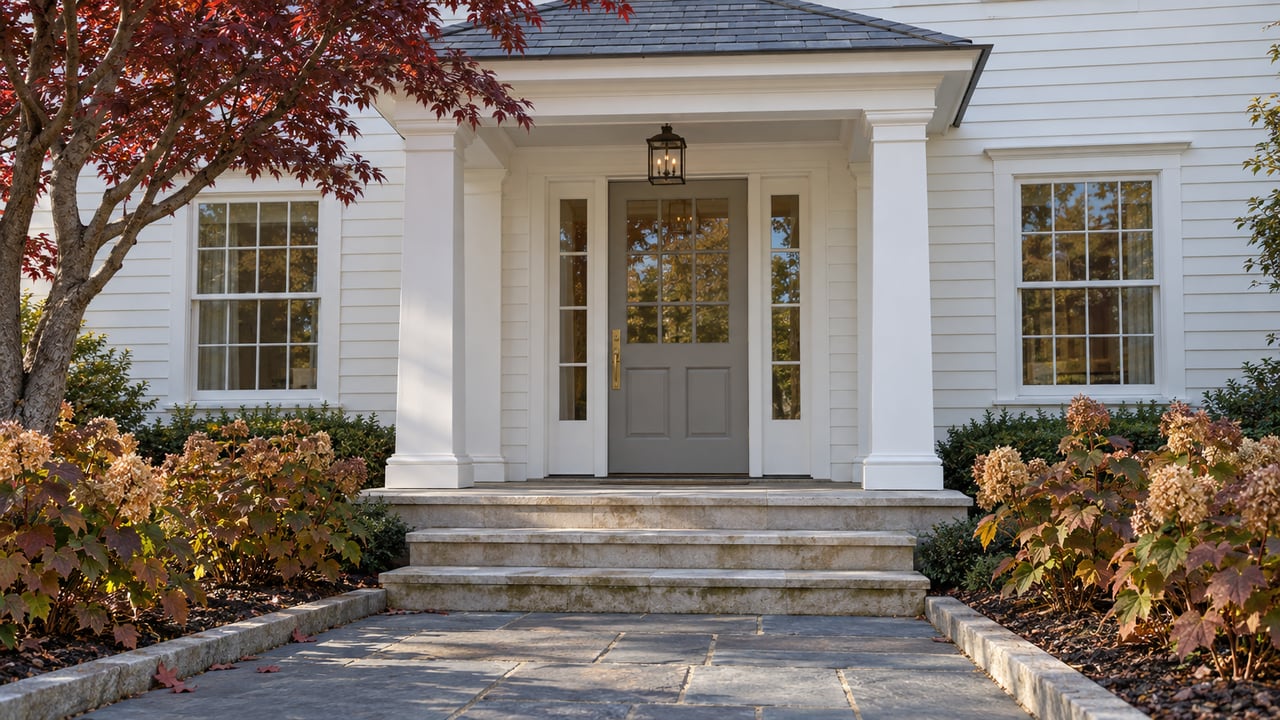 White clapboard home with a slate-roofed entry portico, pale stone steps, bluestone approach and autumn planting.
