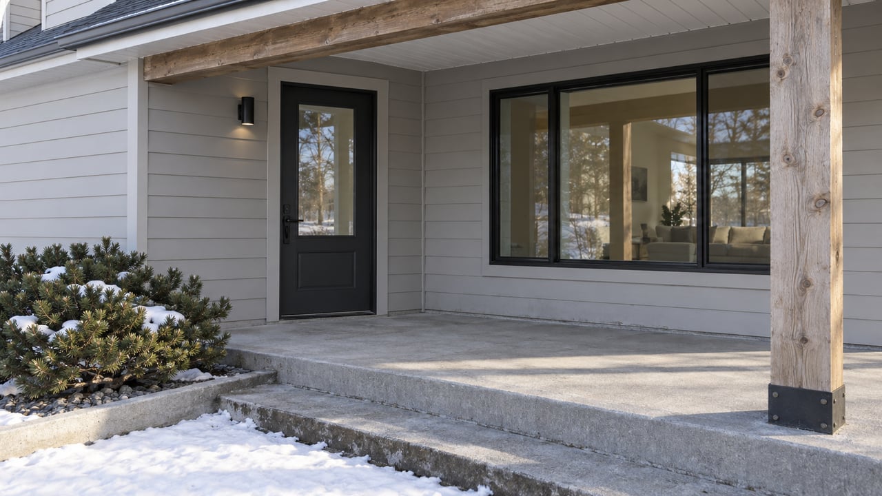 Snow edges a cleared concrete porch beside gray lap siding, a glazed dark entry door, and a timber support post.