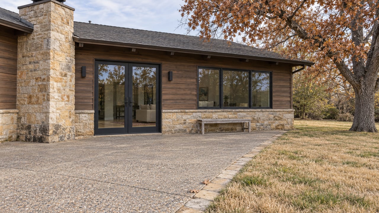 Timber-and-sandstone ranch opening onto a weathered terrace beside a dormant lawn and russet-leaved oak.