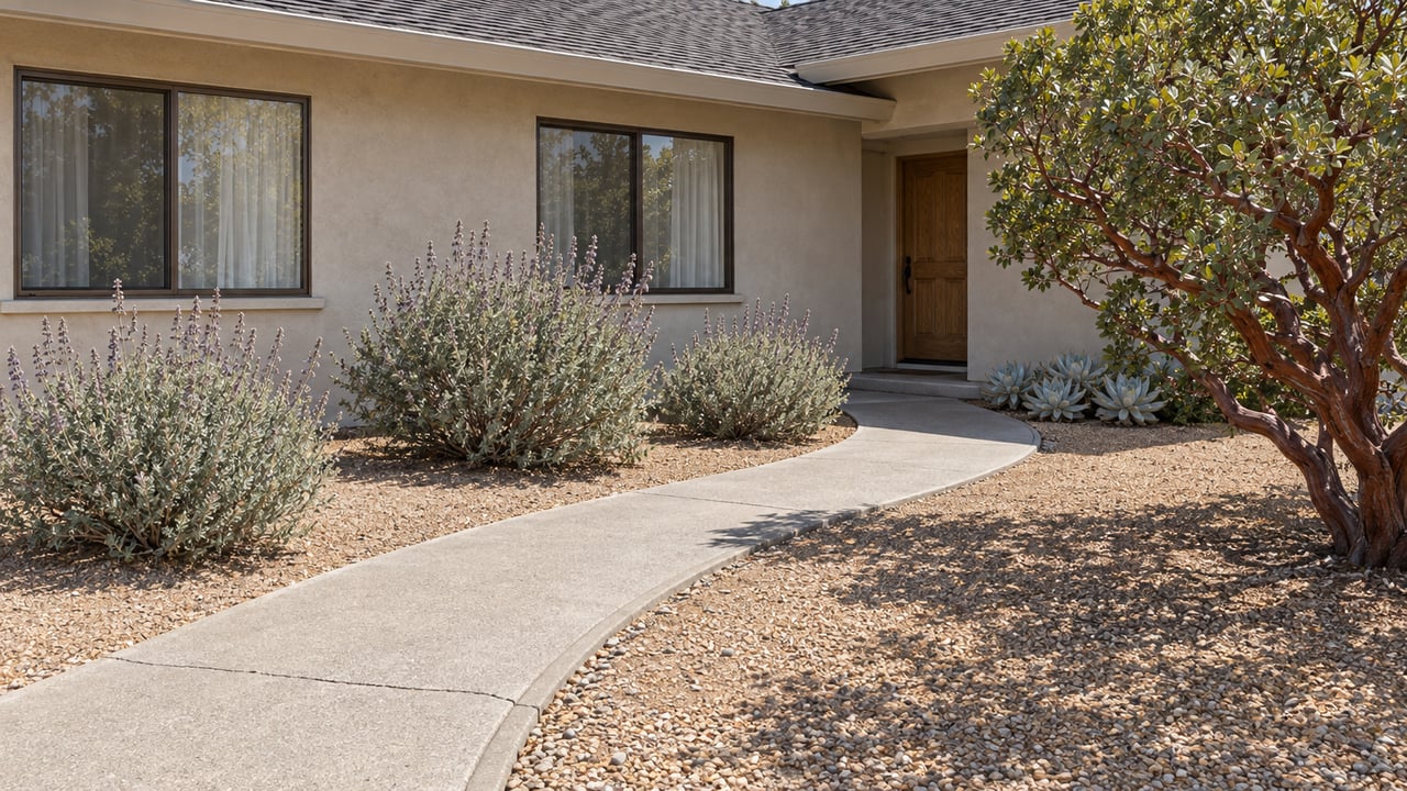 A low stucco ranch house beyond a deep gravel garden with red-branched manzanita, gray-green sage and chalky succulent rosettes beside a curved concrete walk.