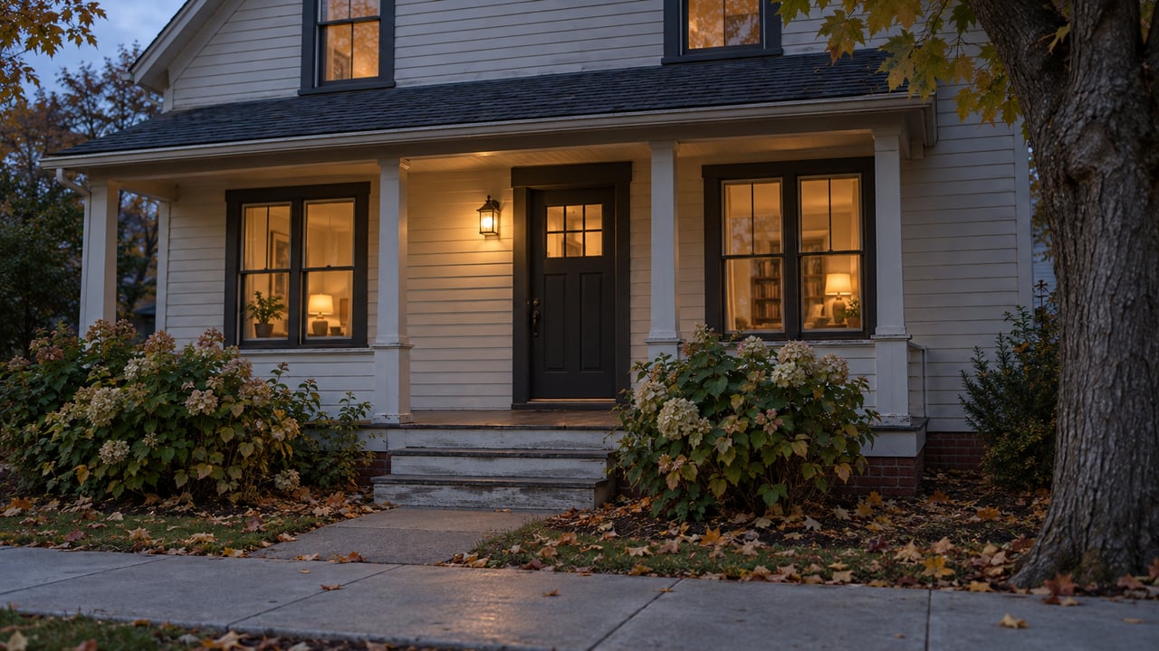 Two-story ivory clapboard house with a covered porch, glowing windows, and hydrangeas beside the sidewalk at dusk.