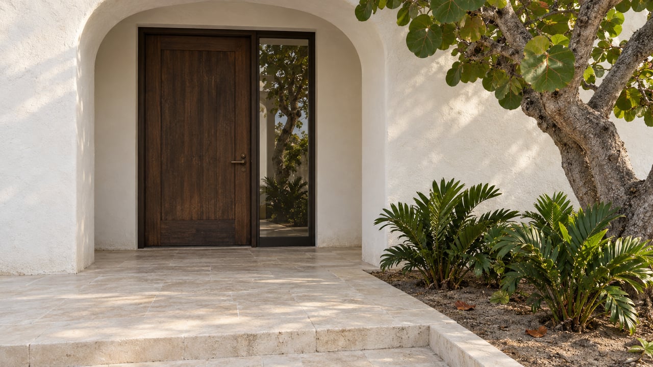 Arched white stucco residential entry with a dark wood door, limestone paving and a mature sea-grape tree beside an edged planting bed.