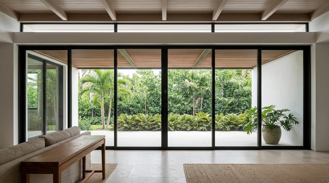 Great room with linen sofa and limestone floor, glass doors facing a foliage-screened terrace.