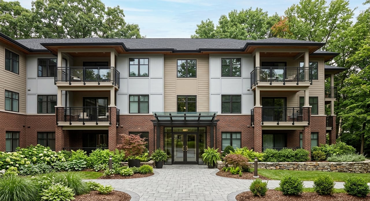 Condo entry court with brick facade, glass doors, stacked balconies, bluestone paving, and leafy plantings.