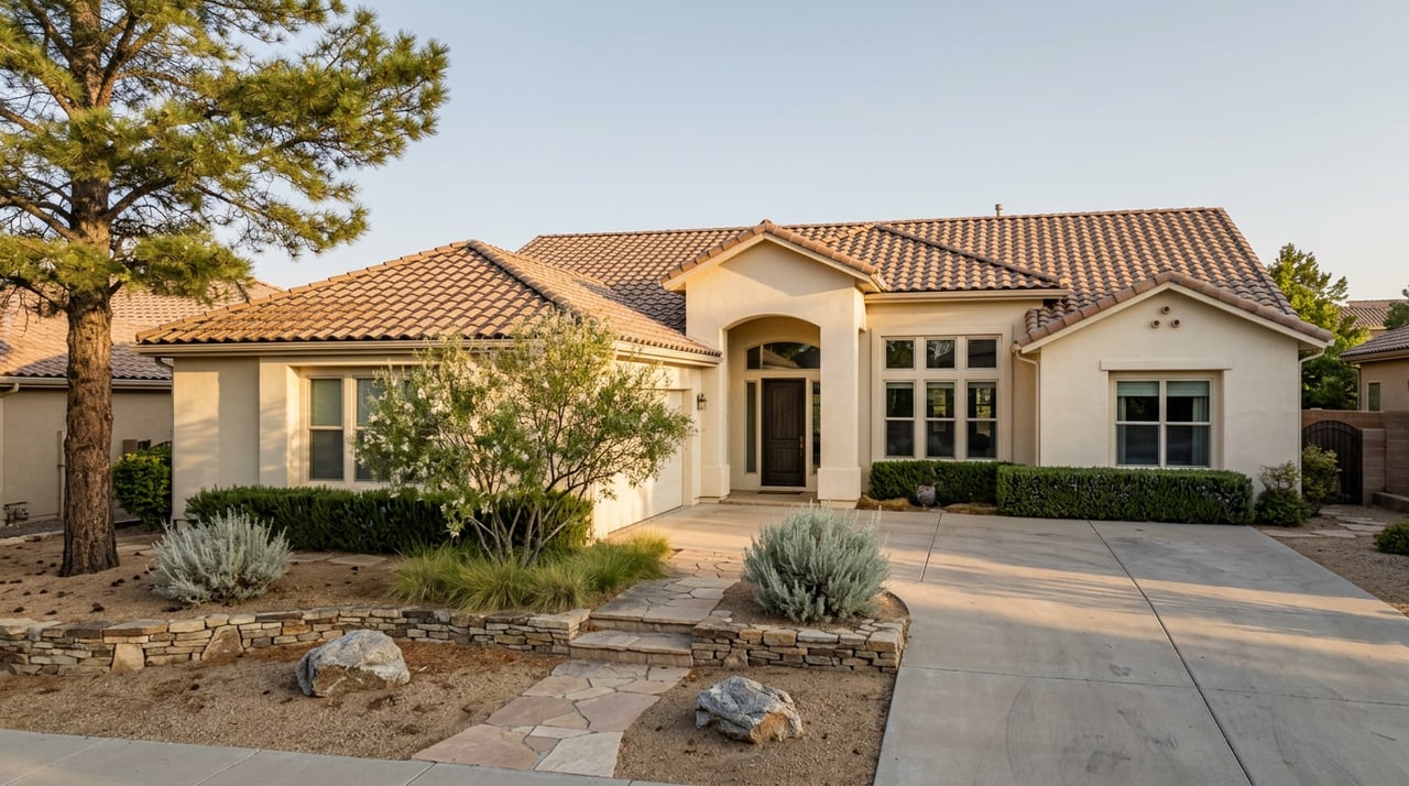 Single-story cream stucco home with a clay-tile roof, arched entry, and xeriscaped yard beneath a mature pine.