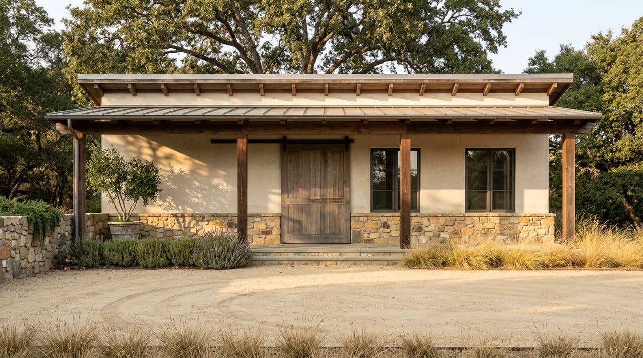 Single-story stucco ranch porch with a weathered plank door, fieldstone wall, olive tree, and oak canopy.