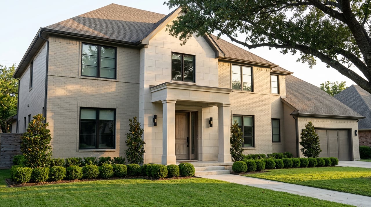 Two-story greige brick home with a limestone entry portico, deep lawn, and broad oak canopy.