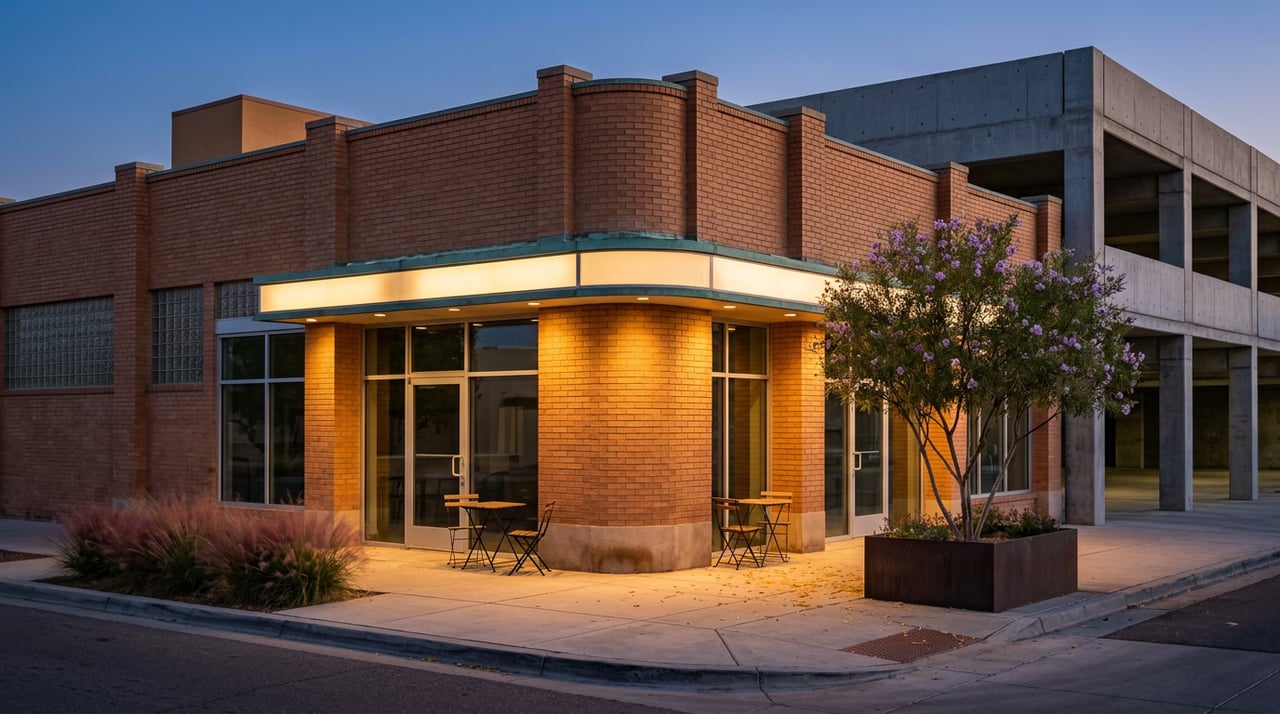 Brick commercial corner with glowing canopy, glass-block window, desert willow, and adjacent concrete parking garage.