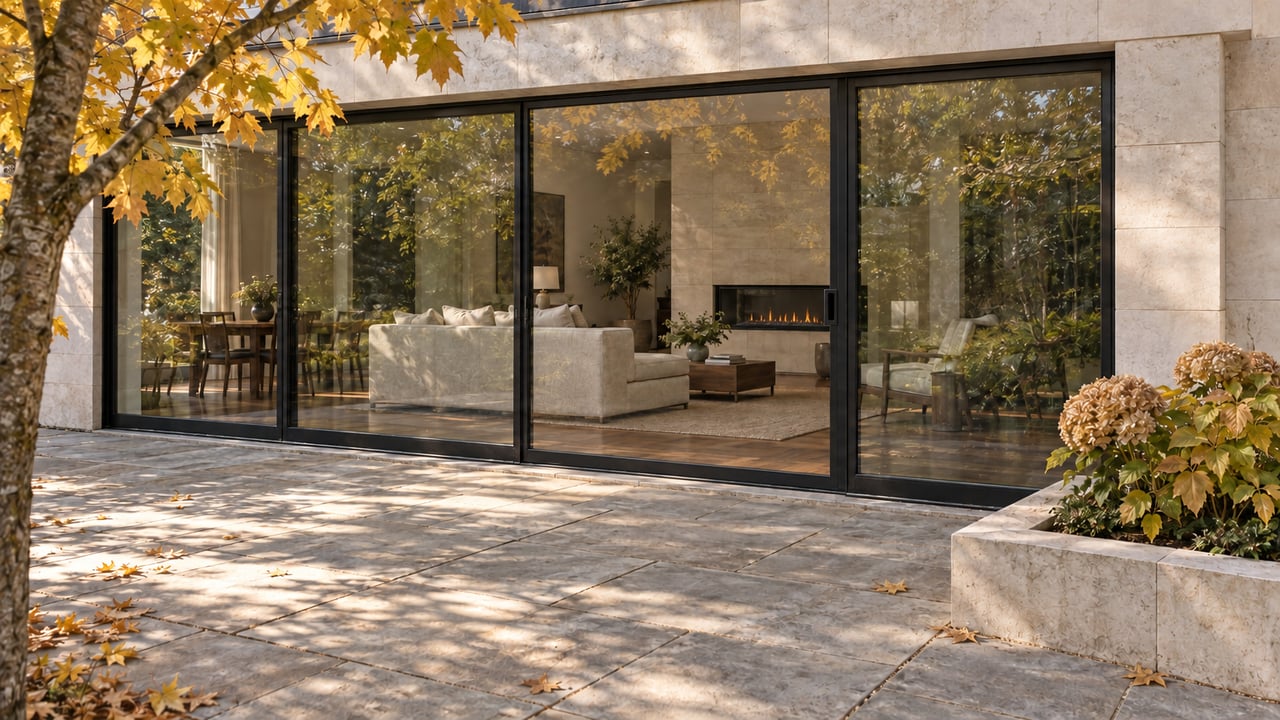 Autumn terrace beside a pale limestone home with fully enclosed black-framed glass doors overlooking a walnut-floored living room.