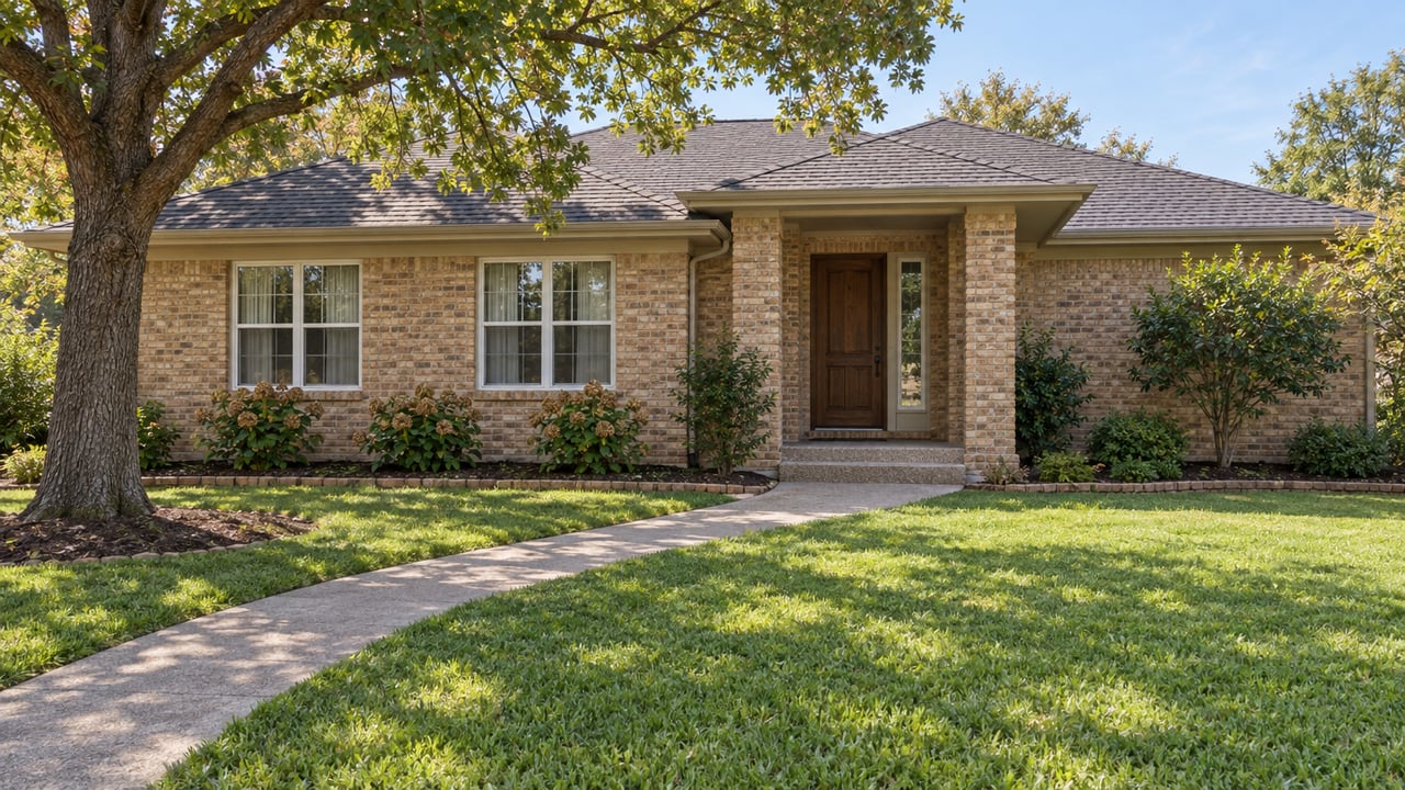 A single-story buff-brick home behind a deep green lawn, with a curved concrete walk and a mature oak shading the yard.