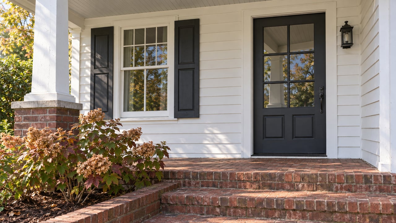 White clapboard bungalow porch with a charcoal glazed door, divided-light window, worn brick steps and an oakleaf hydrangea.