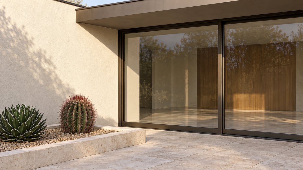 Close view of an ivory stucco home with bronze-framed glass doors, limestone courtyard paving, and two sculptural desert plants in a stone-edged gravel bed.