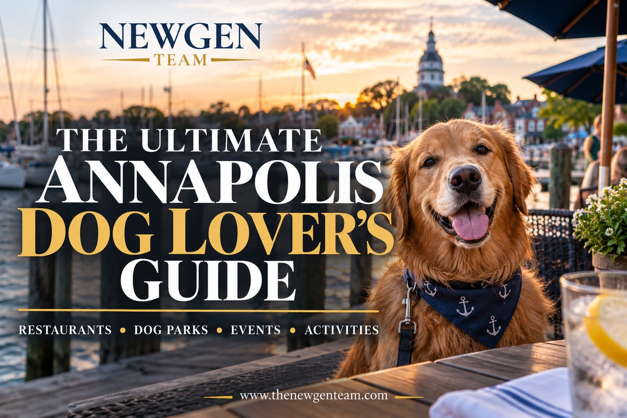 NewGen Team’s Annapolis dog lover’s guide, featuring a golden retriever at a waterfront restaurant.