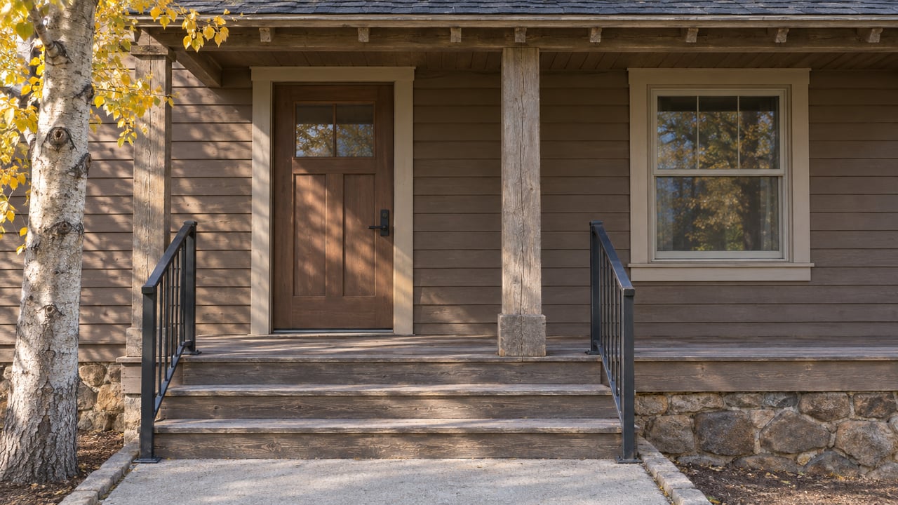 Weathered wood entry porch with paired handrails, stone foundation, and golden aspen leaves at the edge of the frame.