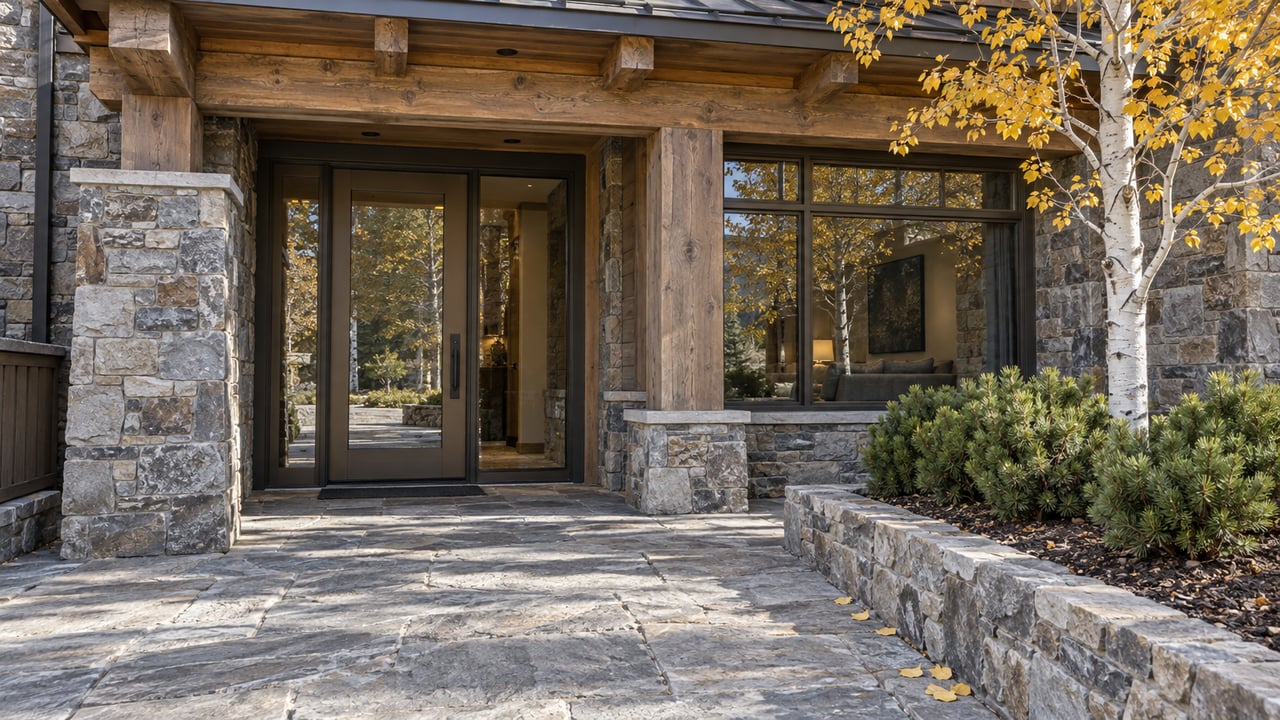 Sunlit stone and timber condominium entrance with bronze-framed glazing and a golden aspen beside a raised planting bed.