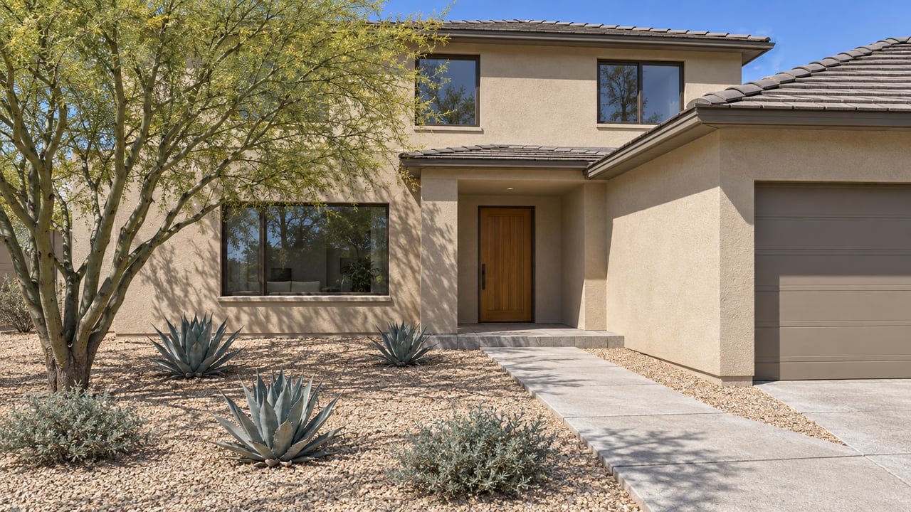 Putty stucco home with a recessed wood entrance, concrete tile roof, and a gravel front garden planted with a sculptural tree and agaves.