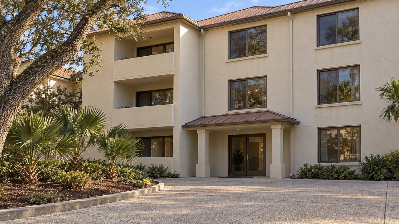 Sunlit ivory stucco condominium with terracotta roofing, recessed balconies and a curved live oak beside a paved courtyard.