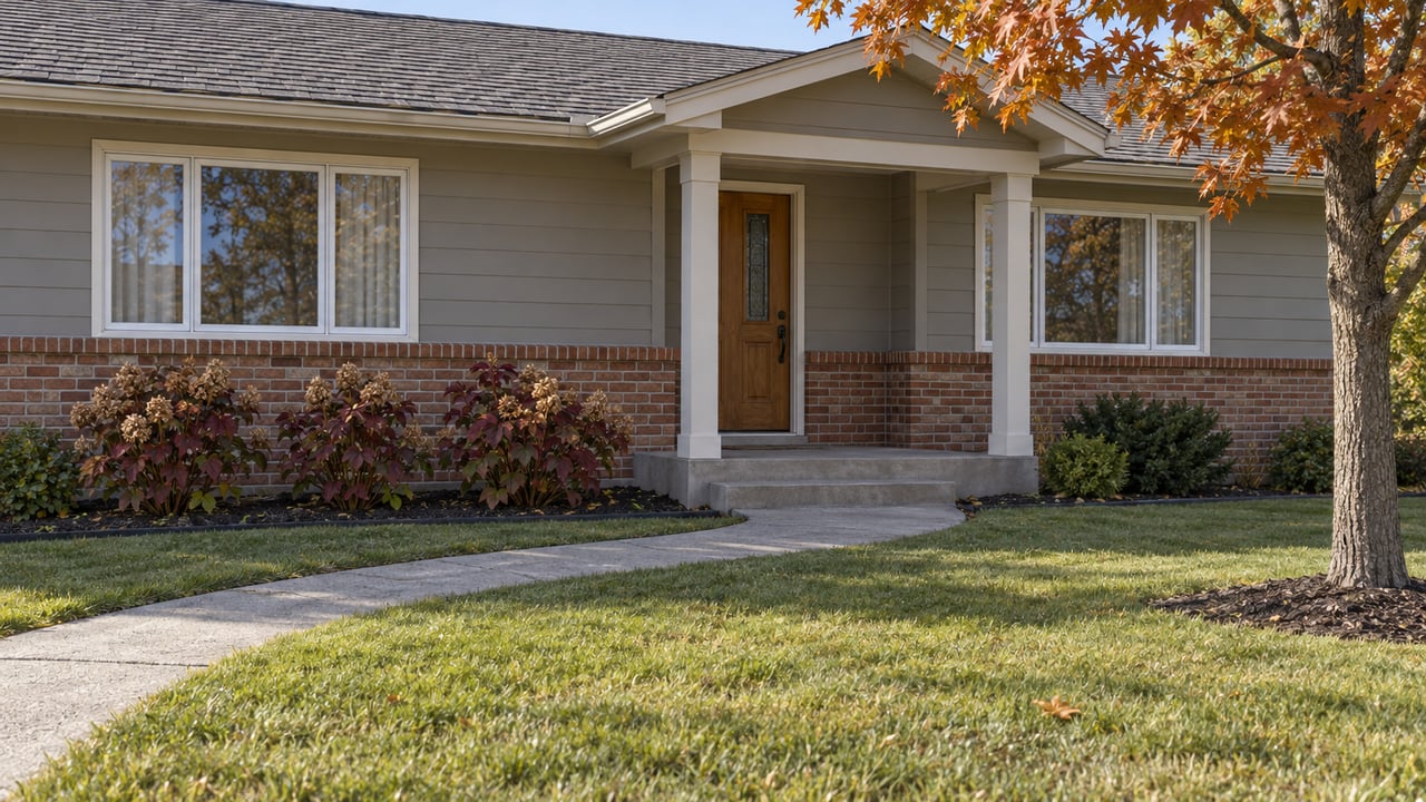 Autumn sunlight falls across a gray-sided ranch home with a brick base, covered entry, deep lawn and orange maple foliage.