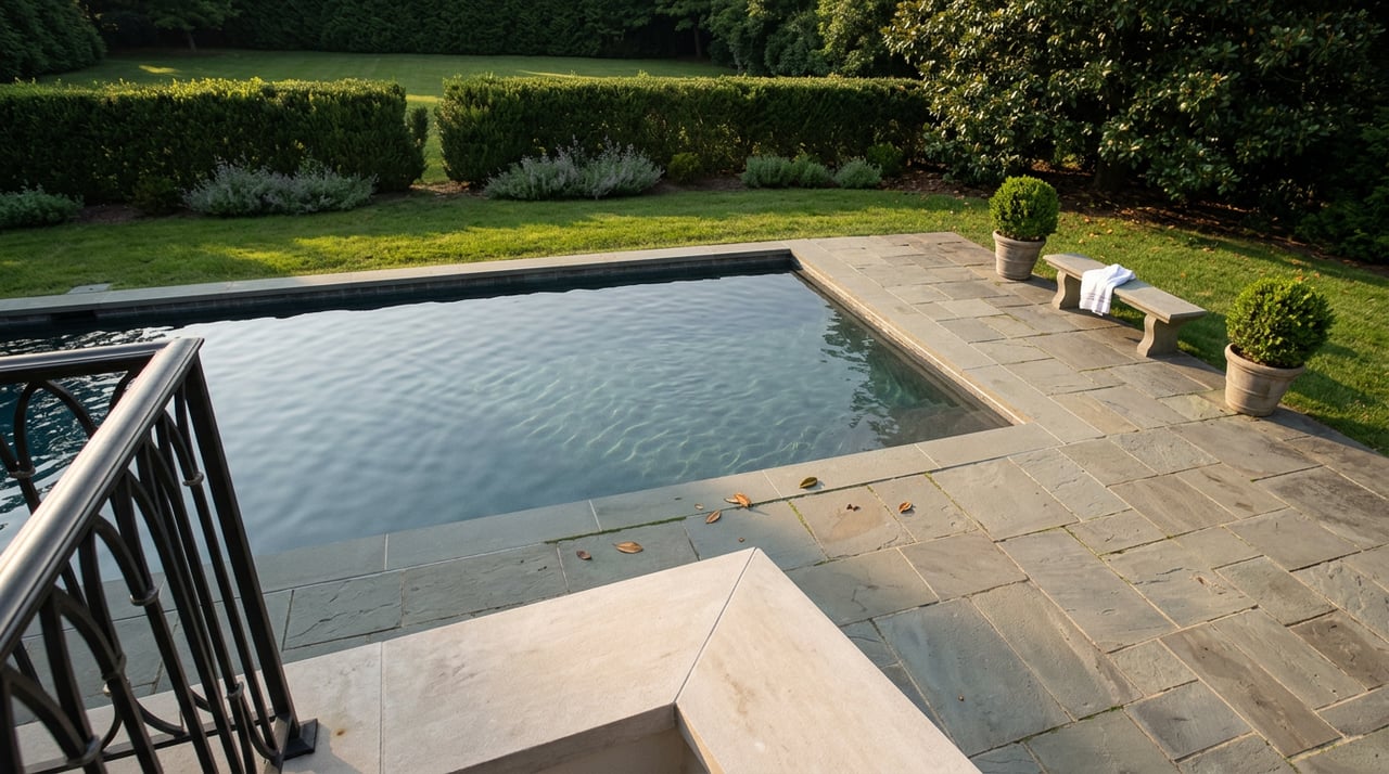 Elevated view of a bluestone terrace and dark pool, with a magnolia canopy and clipped hedge beyond.