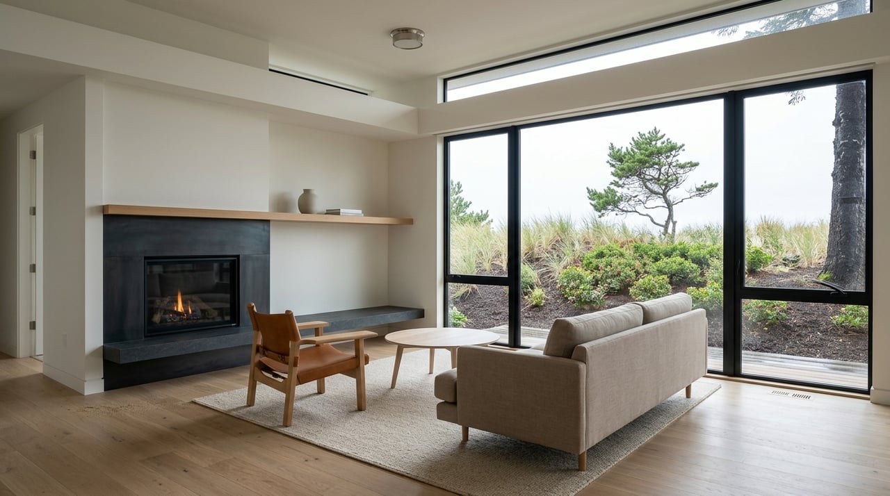 Coastal living room with a fireplace and broad windows overlooking dune grasses and coastal trees.