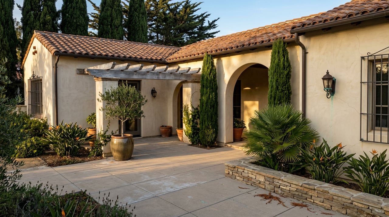 Mediterranean Revival courtyard with an arched stucco loggia, pergola, stone pavers, and flanking cypress trees.