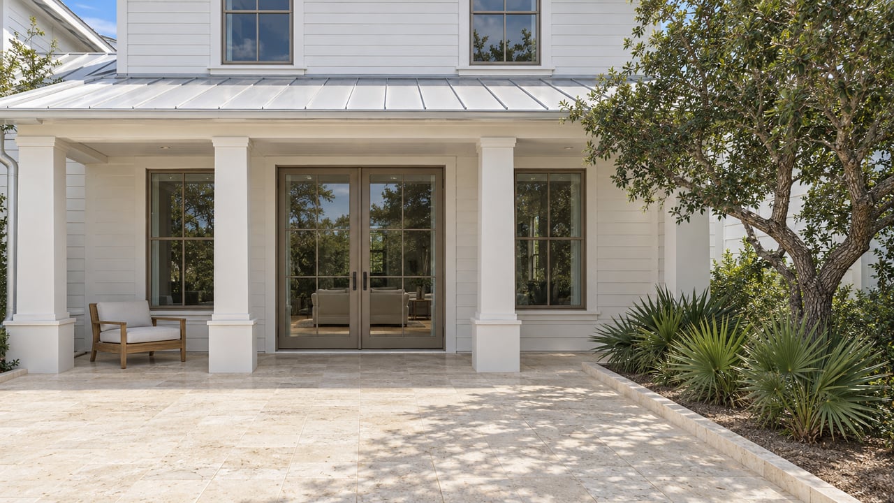 White-sided home with pale metal roofing, glazed porch doors, a shell-flecked limestone terrace, and a sculptural sand live oak beside low saw palmettos.