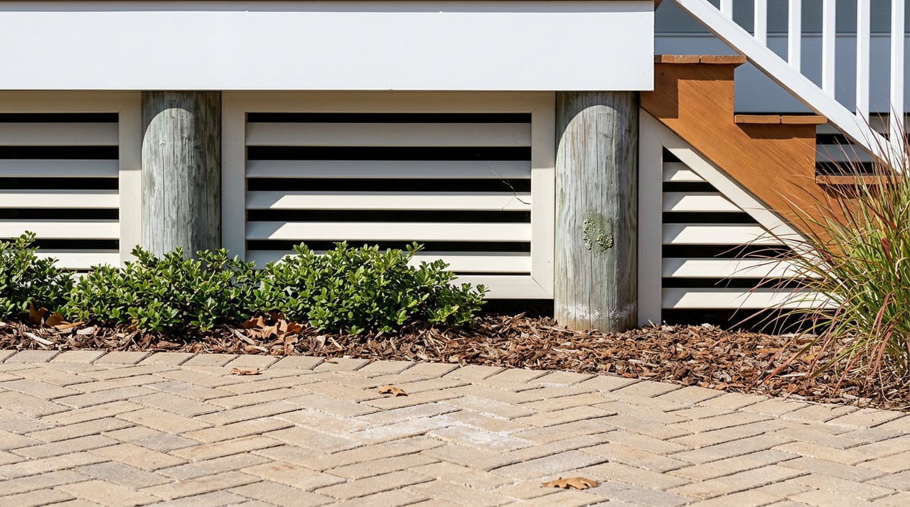 Raised coastal home’s weathered gray piers and white vented skirting above a herringbone paver drive, with stairs at right.