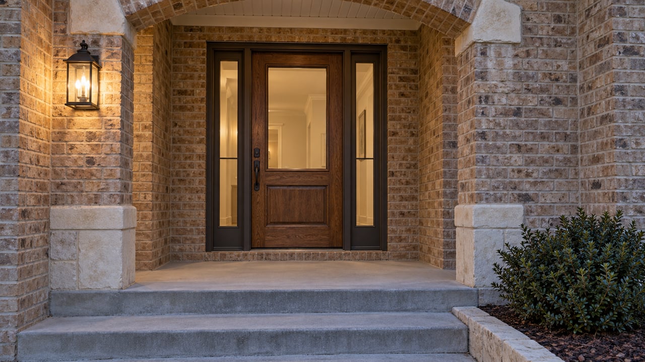 An arched tan-brick home entry at dusk with a closed oak-and-glass door, matching sidelights and a warm porch lantern.