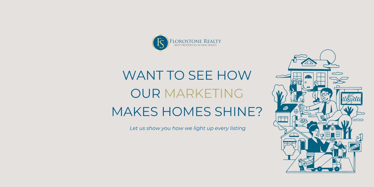 Florostone Realty graphic showcasing real estate marketing services, illustrating home staging, client interaction, and property sales with the tagline 'Want to see how our marketing makes homes shine?