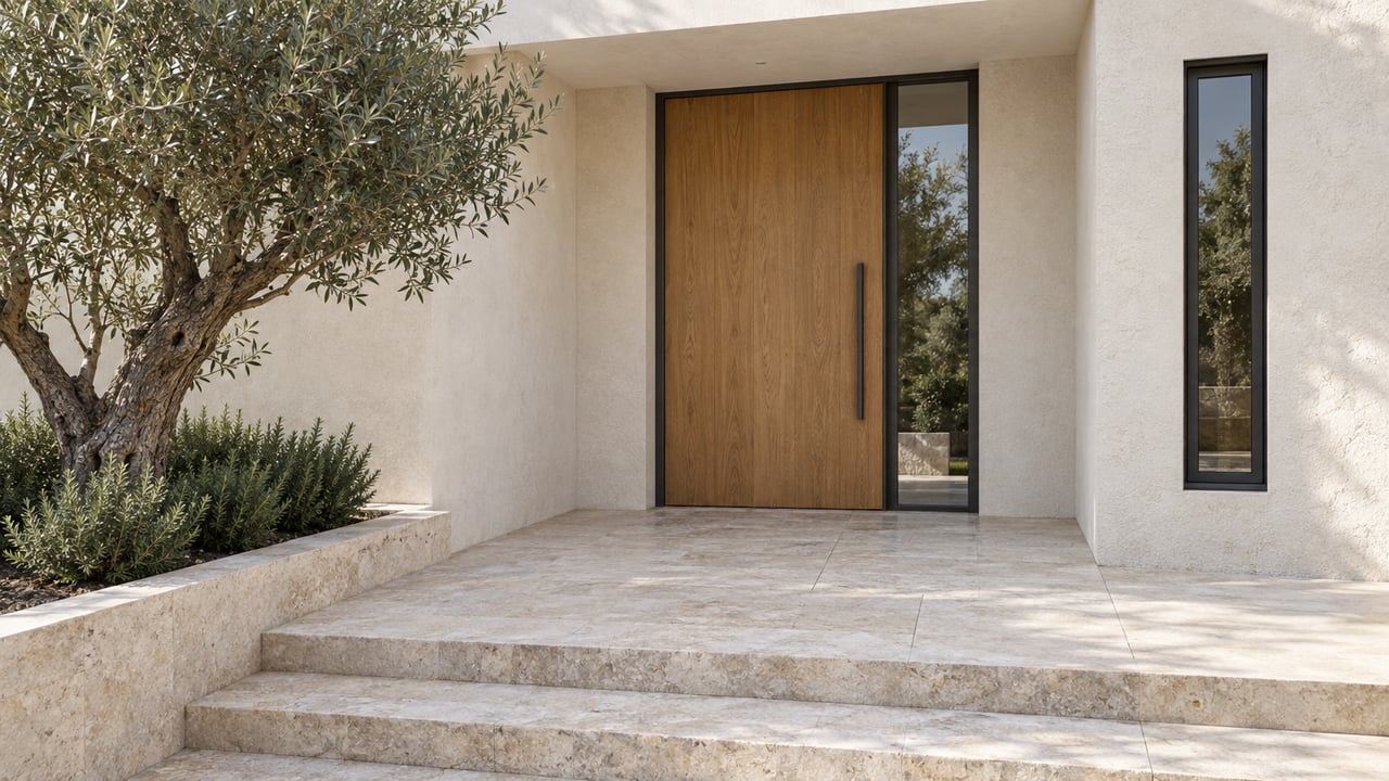 Closed oak entry door beside a black-framed sidelight, with limestone steps and an olive tree in a raised planter.