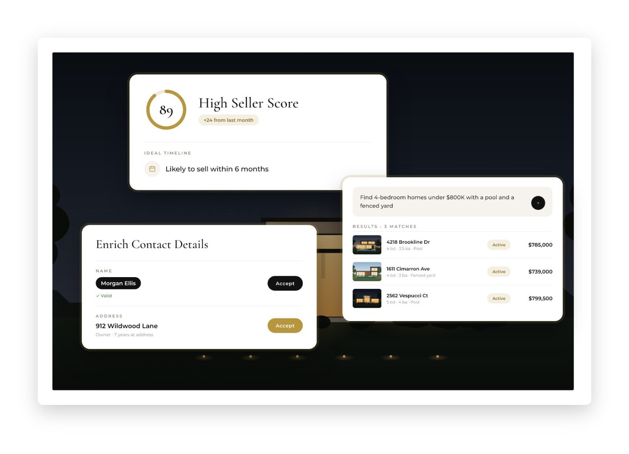 Lead insight cards showing a high seller score, enriched contact details and a matching home search